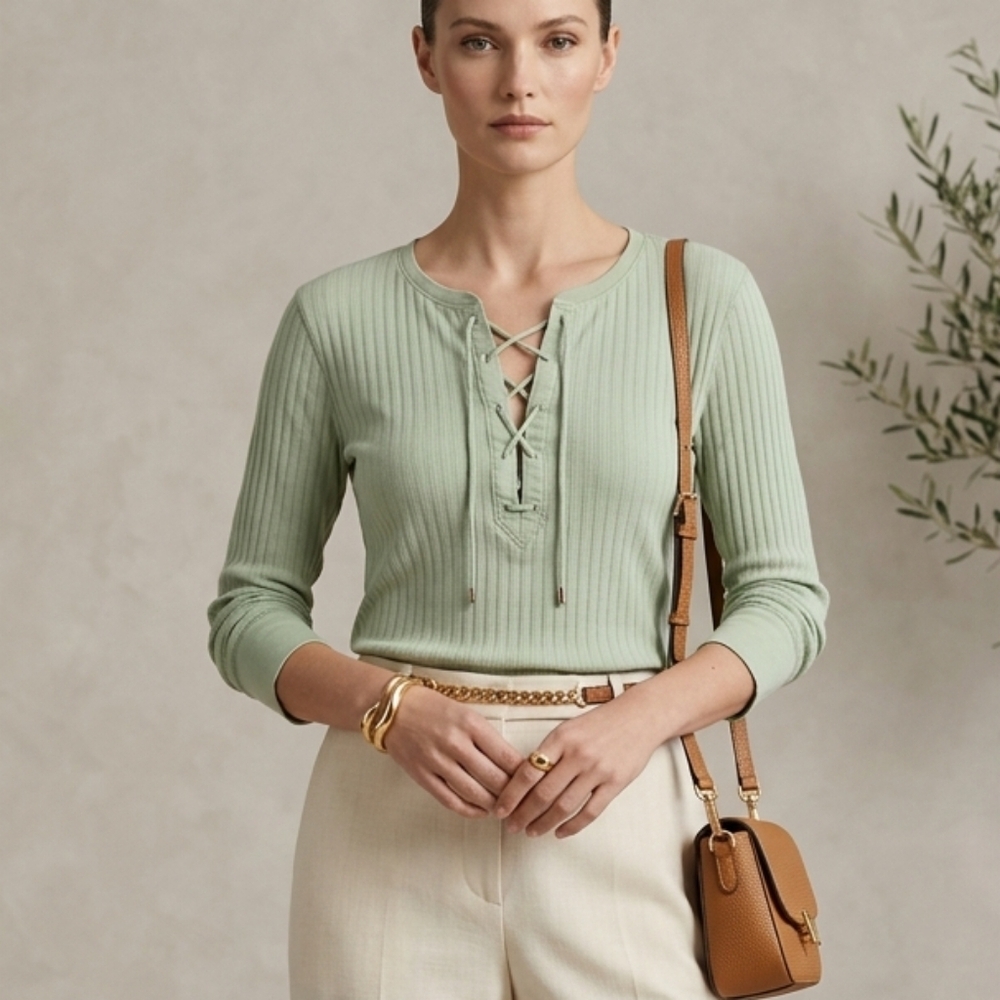 Ralph Lauren Sage Green Ribbed Lace-Up Henley Top XL 100% Cotton Vintage